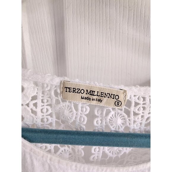 Terzo Millennio S Blouse Tunic Top 100% italian Linen Roll Tab Sleeve Lace Back - Picture 3 of 7